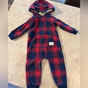 Carter's - Infant Red and Blue Plaid Hooded Pram Suit Romper, Fleece Cozy 12M